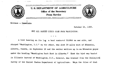 Not All Banded Birds Come From Washington October 15, 1923