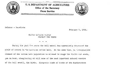 Cotton Growers Should Protect the Birds. Feburary 7,1924