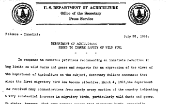 Department of Agriculture Seeks to Insure Safety of Wild Fowl --July 28,1924