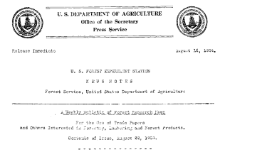 U.S. Forest Experiment Station...news Notes August 16,1924