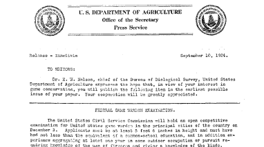 Federal Game Warden Examination September 10,1924