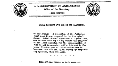 Press Materials for Use in Rat Campaigns: $200,000,000 Damage by Rats Annually; Rats Destructive to Corn in Storage; Floods and Fires Caused by Rats; Rats Menace Public Health; Trash Accumulations A Prolific Source of Rats; Etc. February 25, 1925