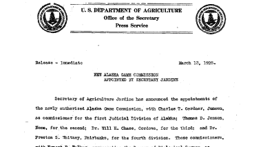 New Alaska Game Commission Appointed by Secretary Jardine March 13, 1925