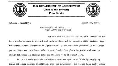 Bird Population Grows When Pests Are Supplied August 25, 1925