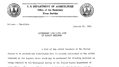 Government Compiling List of Rabbit Breeders January 29, 1926