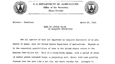 Bats of Little Value as Mosquito Destroyers March 25, 1926