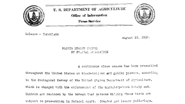 Plover Season Closed for Federal Regulation August 12, 1926