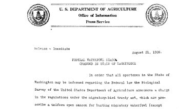 Federal Waterfowl Season Changed in State of Washington August 21, 1926