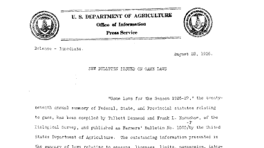New Bulletin Issued on Game Laws August 23, 1926