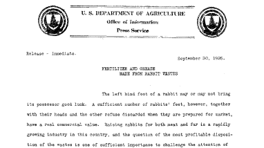 Fertilizer and Grease Made From Rabbit Wastes September 30, 1926