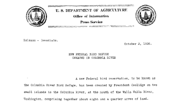 New Federal Bird Refuge Created in Columbia River October 2, 1926