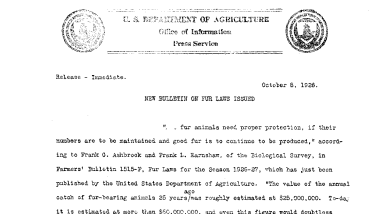 New Bulletin on Fur Laws Issued October 8, 1926