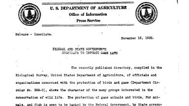 Federal and State Governments Cooperate to Enforce Game Laws November 16, 1926