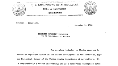 Reindeer Inducstry Promises to Be Important to Alaska December 9, 1926