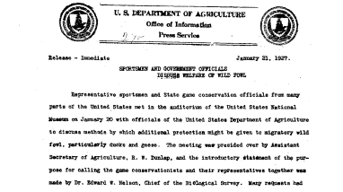 Sportmen and Government Officials Discuss Welfare of Wildfowl January 21, 1927