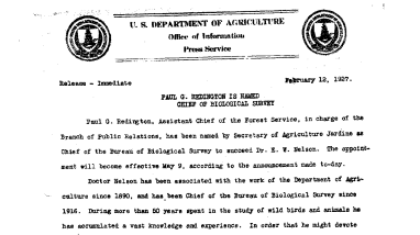 Pual G. Redington Is Named Chief of Biological Survey February 12, 1927