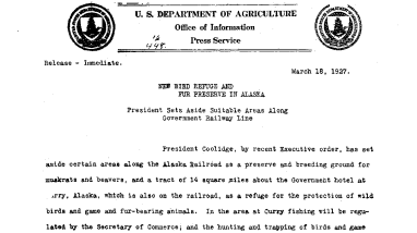 New Bird Refuge and Fur Preserve in Alaska: President Sets Aside Suitable Areas Along Government Railway Line March 18, 1927