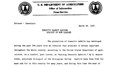 Domestic Rabbit Raising Subject of New Leaflet March 23, 1927