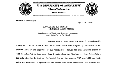 Regulations for Hunting Migratory Birds Changed: Amendments Affect Bag Limits, Seasons, and Methods to Be Used April 5, 1927