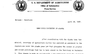 Game Birds Protected in Alaska April 23, 1927