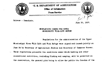 Regulations Issued for Upper Mississippi Wild -Life Reuge June 30, 1927