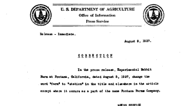 Correction to August 5, 1927 News Release August 8, 1927