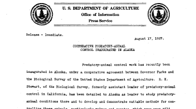 Cooperative Perdatory Animal Control Inaugurated in Alaska August 17, 1927