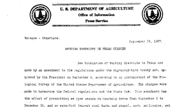 Hunting Districts in Texas Changed September 12, 1927