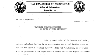 Waterfowl Shooting Permitted on Parts of Upper Mississippi October 12, 1927