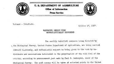 Waterfowl Census Work Enthusiastically Supported October 17, 1927