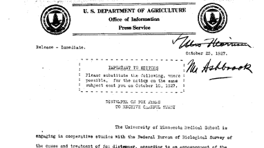Distemper on Fox Farms to Receive Careful Study October 25, 1927
