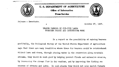 Beaver Farming in Cut-Over Lands Promises Probit and Interesting Work October 27, 1927