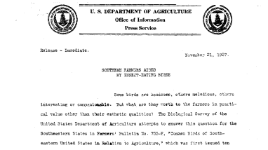 Southern Farmers Aided by Insect-Eating Birds November 27, 1927
