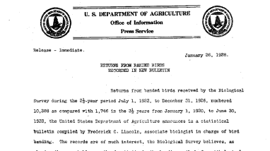 Returns From Banded Birds Recorded in New Bulletin January 26, 1928