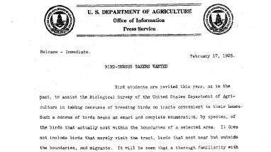 Bird-Census Takers Wanted February 17, 1929