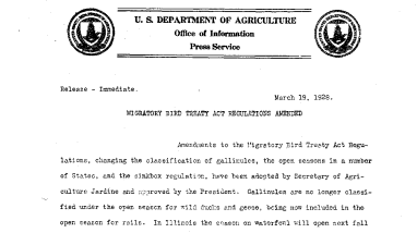 Migratory Bird Treaty Act Regulations Amended March 19, 1928