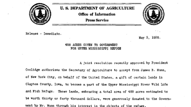 488 Acres Given to Government for Upper Mississippi Refuge May 3, 1928