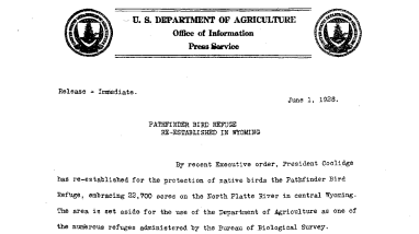 Pathfinder Bird Refuge Re-Established in Wyoming June 1, 1928