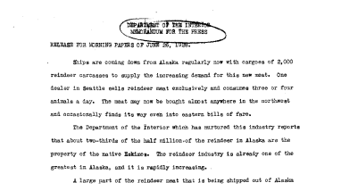 Department of Interior Memorandum for the Press June 26, 1928