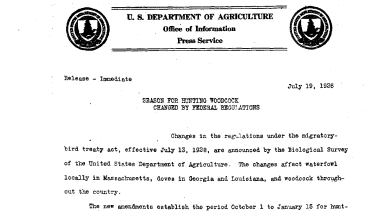 Season for Hunting Woodcok Changed by Federal Regulations July 19, 1928