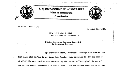 Tule Lake Bird Rufuge Etablished in California October 12, 1928