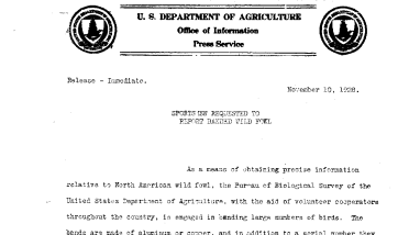 Sports Men Requested to Report Banded Wild Fowl November 10, 1928