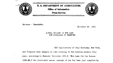 Annual Summary of Fur Laws Now Available to Trappers November 22, 1928