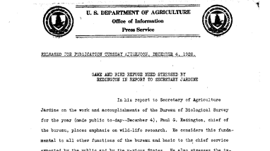 Game and Bird Refuge Need Stressed by Redington in Report to Secretary Jardine December 4, 1928