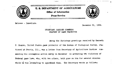 Secretary Jardine Commends Bravery of Game Protector December 31, 1928