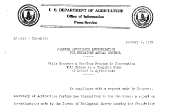 Jardine Recommends Appropriation for Predatory Animal Control January 7, 1929