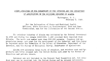 Status of Reindeer Meat Made Public by Federal Committee February 8, 1929