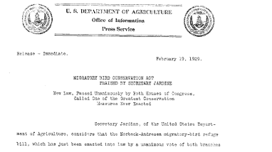 Migratory Bird Conservation Act Praised by Secretary Jardine February 19, 1929