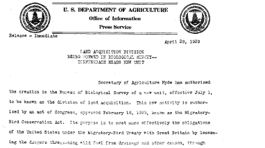 Land Acquisition Division Being Formed in Biological Survey Dieffenbach Heads New Unit April 29, 1929