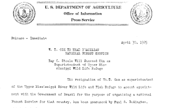W. T. Cox to Head Brazillian National Forest Service April 30, 1929